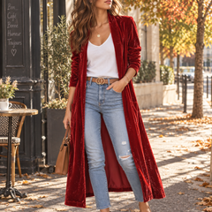 Cardigan lungo rosso effetto velluto con revers a scialle e tasche laterali
