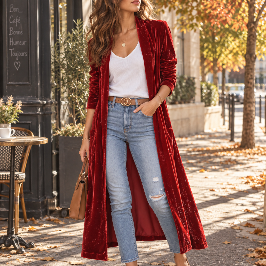 Cardigan lungo rosso effetto velluto con revers a scialle e tasche laterali