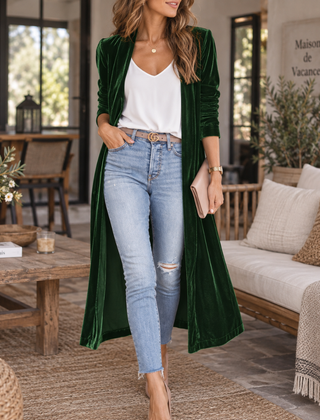 Cardigan lungo verde foresta aperto, con maniche lunghe e orlo fino alla caviglia