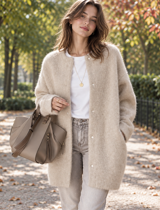 Cardigan lungo color albicocca chiaro con tasche laterali e maglia vaporosa