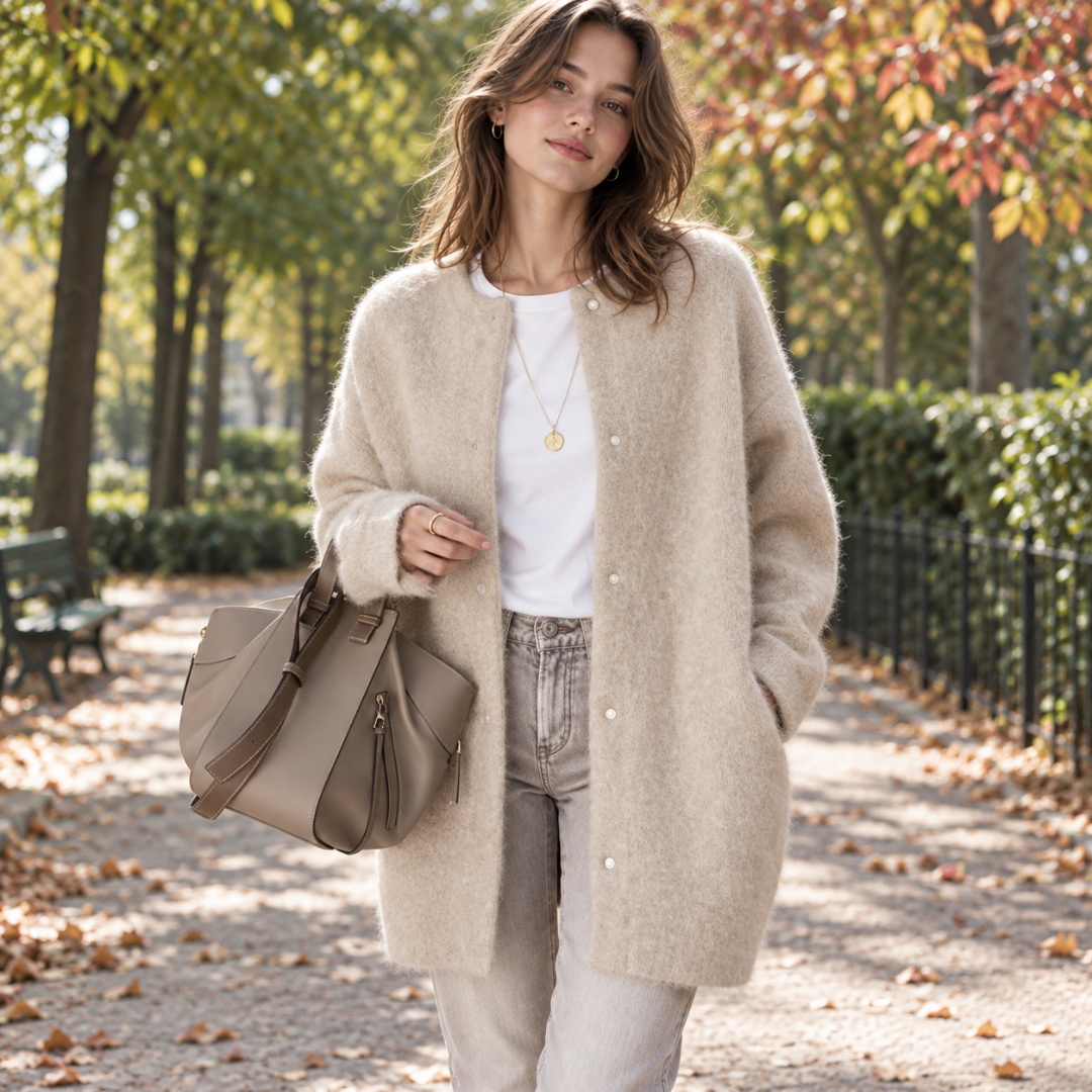 Cardigan lungo color albicocca chiaro con tasche laterali e maglia vaporosa