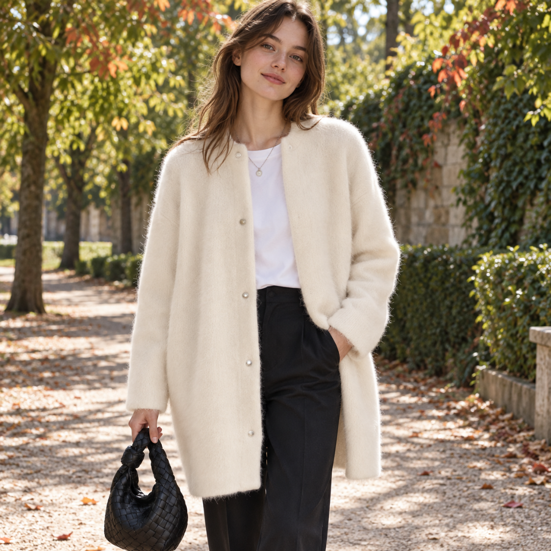 Cardigan donna lungo bianco crema con bottoni a vista e girocollo pulito