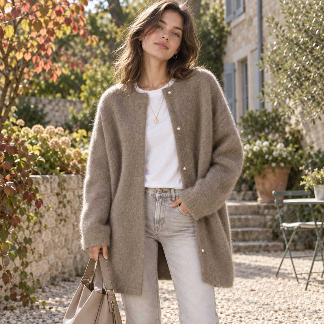 Cardigan lungo color caffè con tasche laterali, indossato aperto su t-shirt bianca