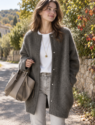 Cardigan donna grigio scuro a girocollo, linea lunga e maglia dall'aspetto vaporoso