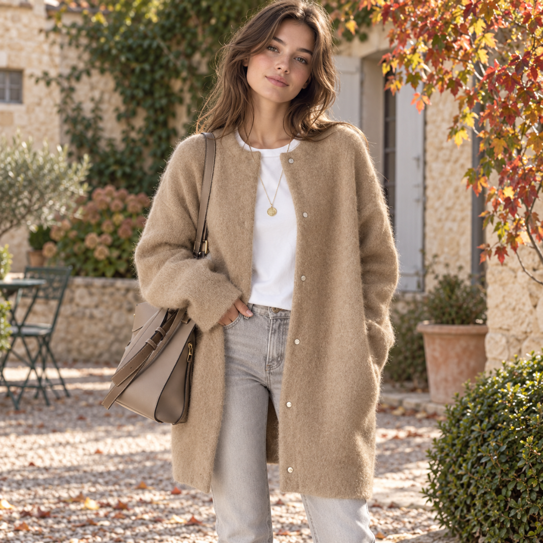 Cardigan donna kaki a girocollo con abbottonatura frontale e maniche lunghe