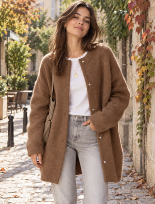 Cardigan donna marrone lungo con bottoni chiari e girocollo, look da città