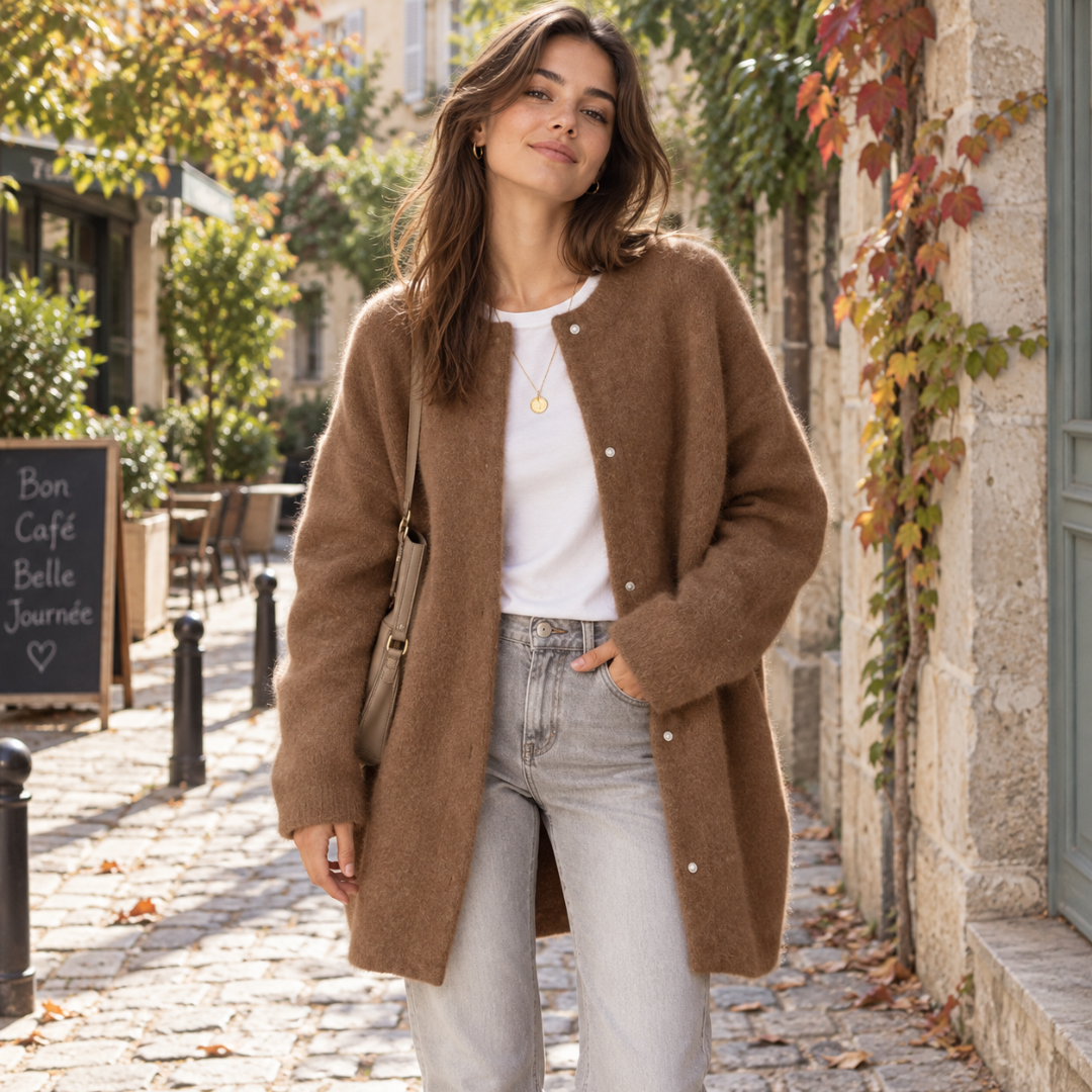 Cardigan donna marrone lungo con bottoni chiari e girocollo, look da città