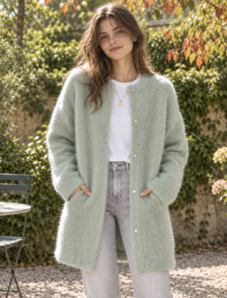Cardigan donna lungo verde salvia a girocollo con bottoni e tasche laterali
