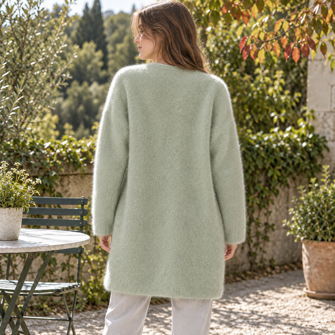 Retro del cardigan donna verde salvia con spalle morbide e maniche lunghe