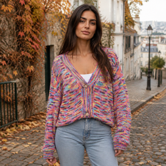 Cardigan donna multicolore in maglia grossa con scollo a V e bottoni tondi