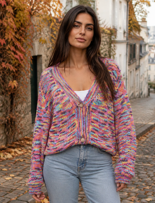 Cardigan donna multicolore in maglia grossa con scollo a V e bottoni tondi