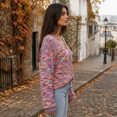 Vista laterale del cardigan multicolore con maniche lunghe e polsini a coste
