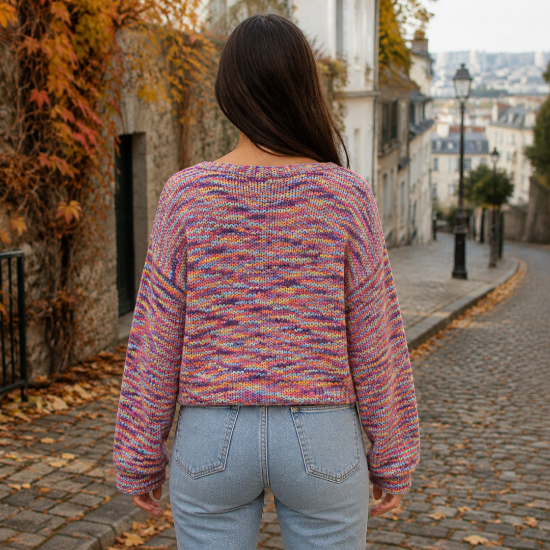 Retro del cardigan donna in maglia multicolore con fondo a coste