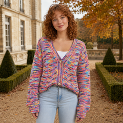 Cardigan multicolore con scollo a V profondo e due bottoni a contrasto