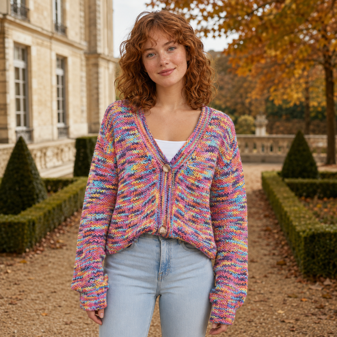 Cardigan multicolore con scollo a V profondo e due bottoni a contrasto