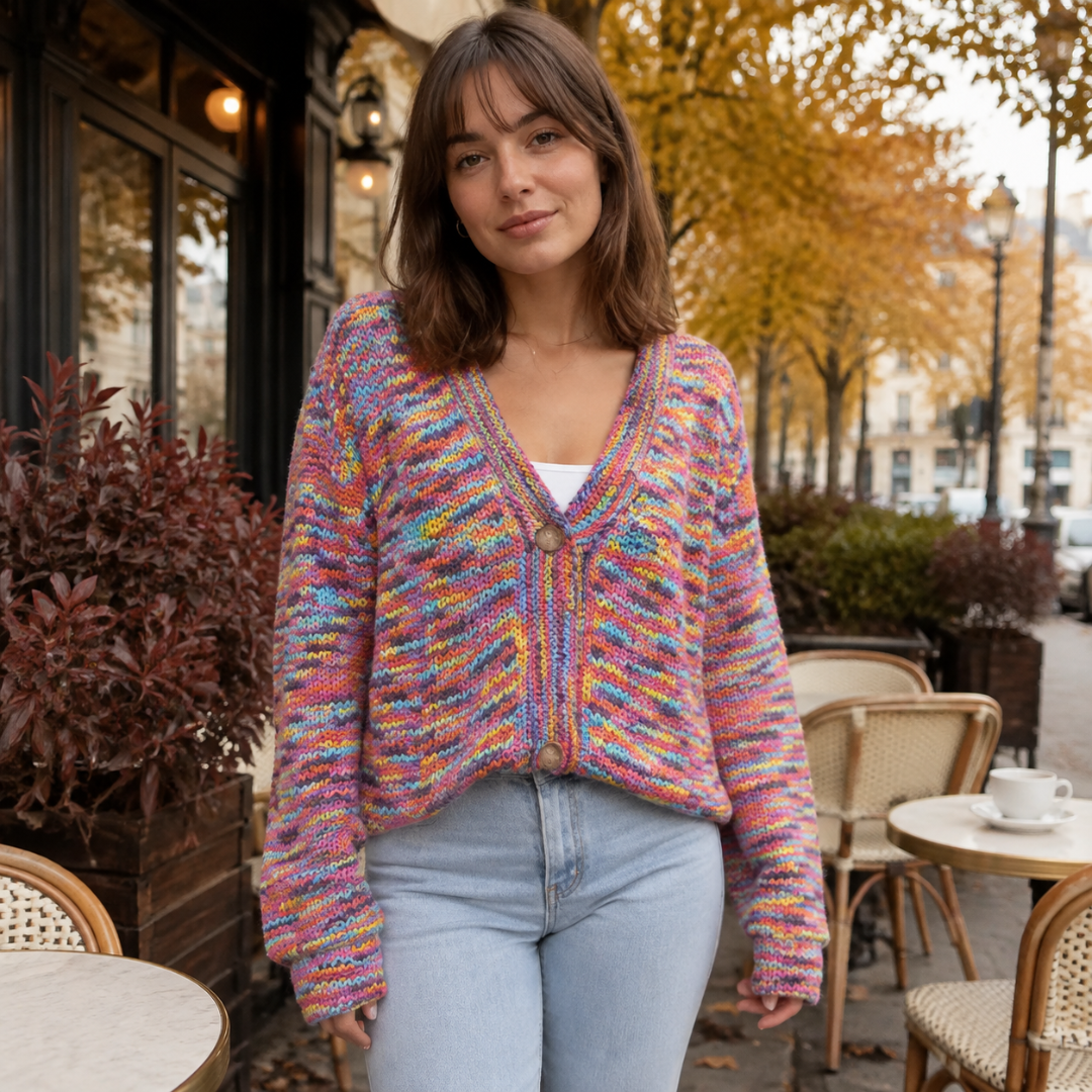 Cardigan donna multicolore in maglia grossa abbottonato sul davanti su t-shirt bianca