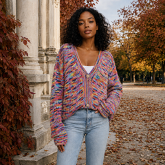 Cardigan donna multicolore dalla linea morbida con maniche lunghe e scollo a V