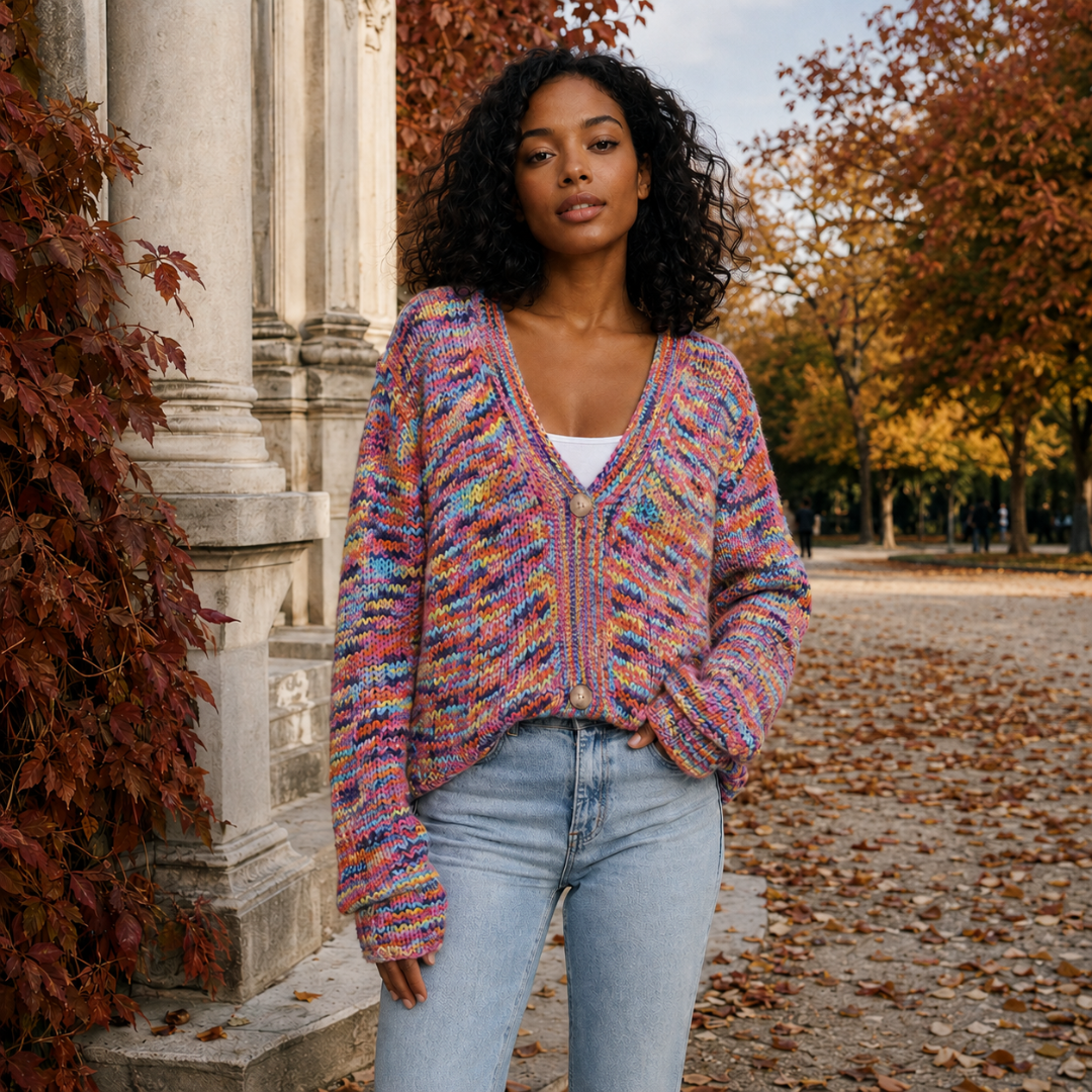 Cardigan donna multicolore dalla linea morbida con maniche lunghe e scollo a V