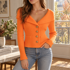 Cardigan donna arancione a coste con ampio colletto off-shoulder e maniche lunghe