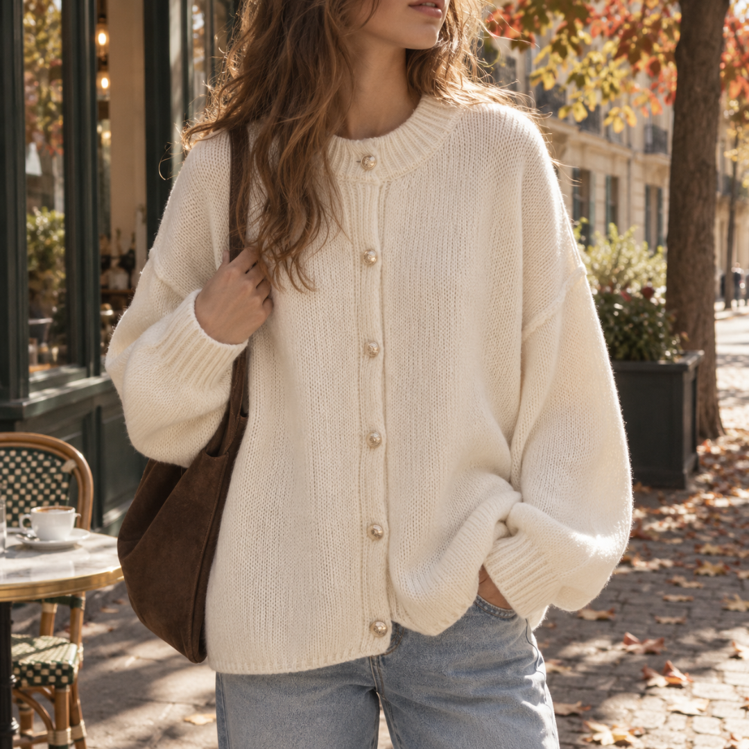 Cardigan donna beige chiaro con bottoni dorati abbinato a pantaloni chiari