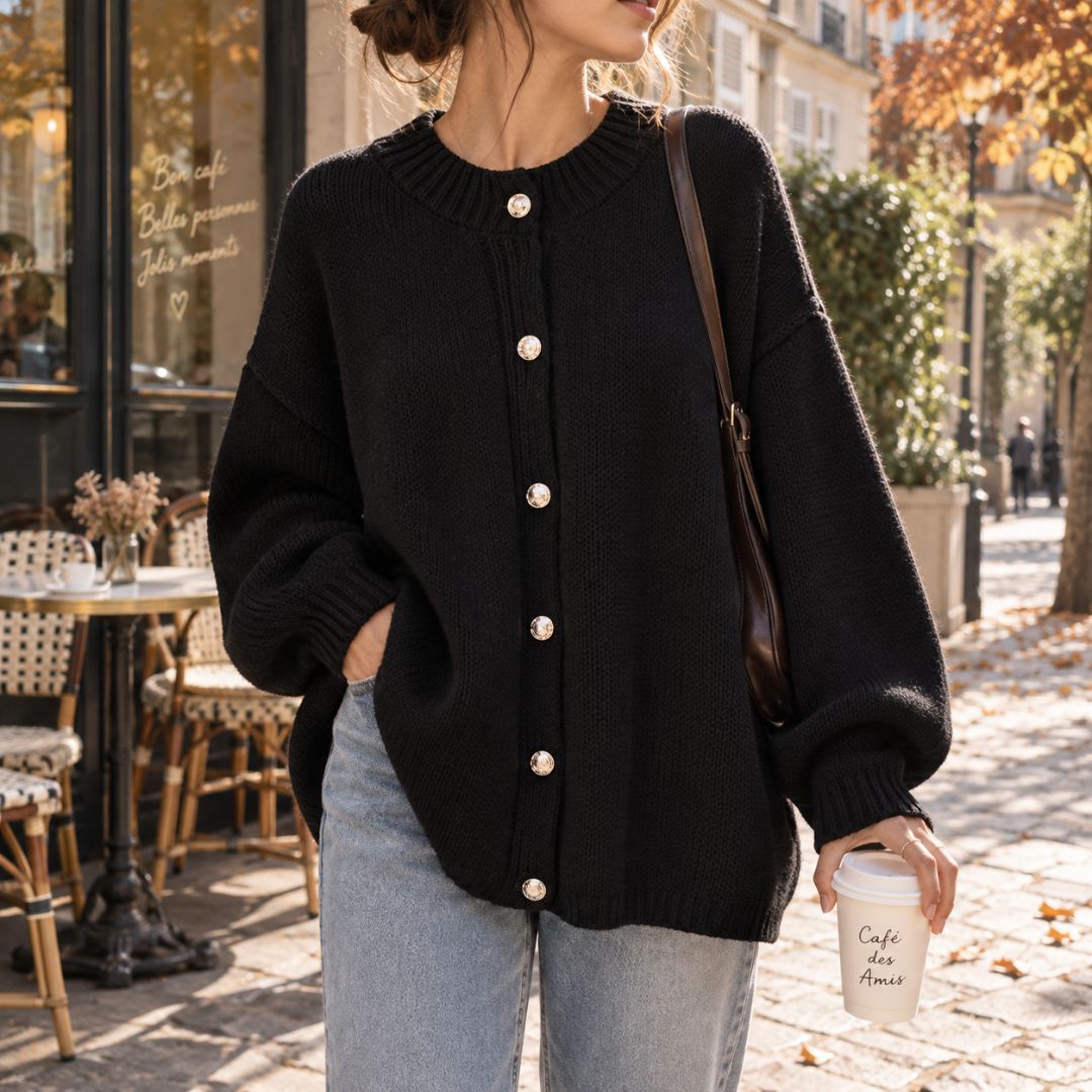 Cardigan donna nero oversize con bottoni dorati e polsini a coste