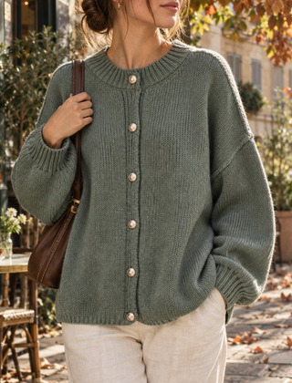 Cardigan donna verde con bottoni gioiello dorati e girocollo a coste