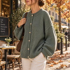 Cardigan donna verde dalla linea ampia con spalle basse e fondo a coste