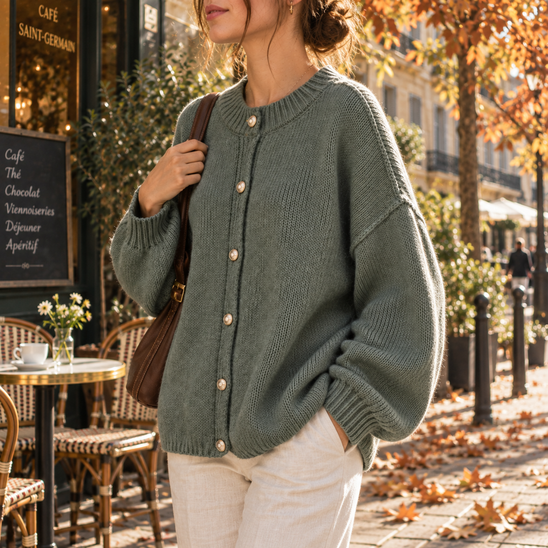 Cardigan donna verde dalla linea ampia con spalle basse e fondo a coste