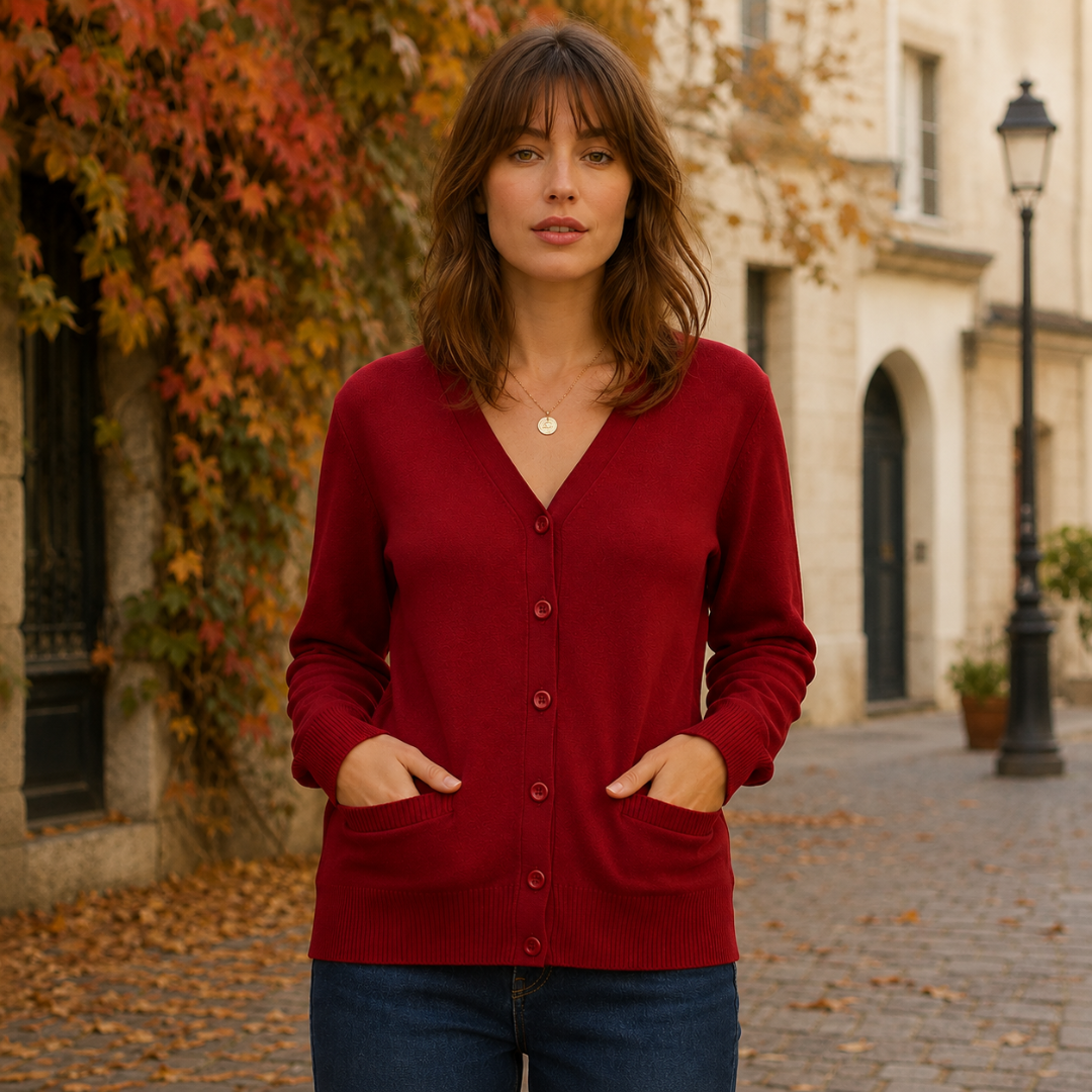 Cardigan donna rosso con scollo a V e bottoni, mani nelle tasche applicate