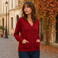 Cardigan rosso donna con fila di bottoni tono su tono e due tasche