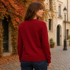 Retro del cardigan donna rosso con bordo inferiore a coste e maniche lunghe