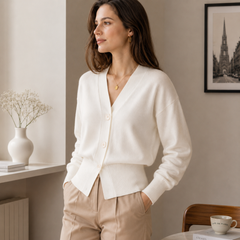 Cardigan bianco donna con tre bottoni frontali e bordo a coste in vita