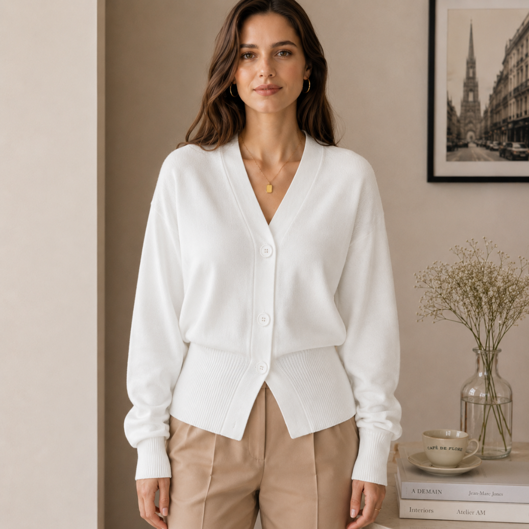 Cardigan donna bianco visto di fronte con scollo a V e polsini a coste