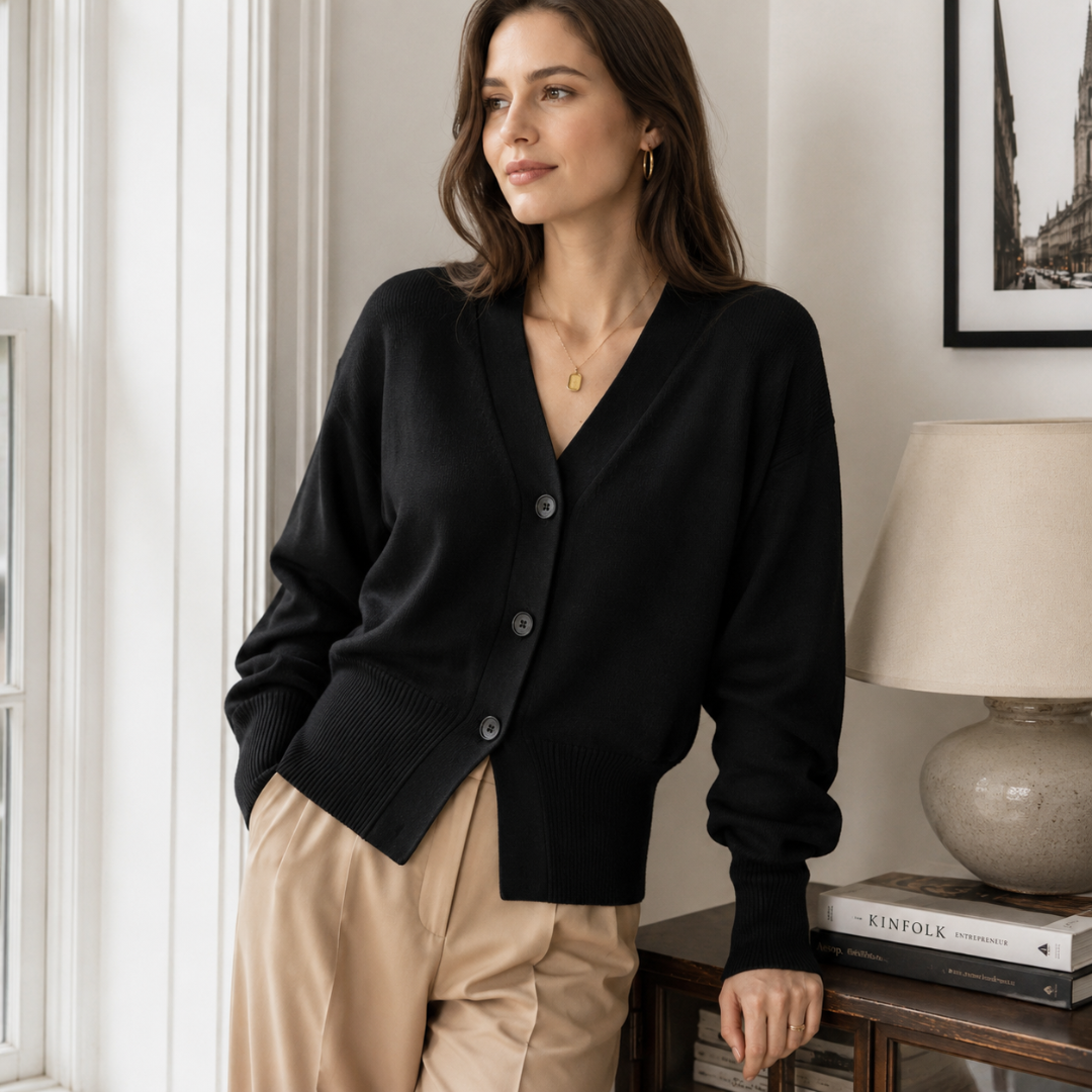 Cardigan donna nero con scollo a V, bottoni frontali e polsini a coste