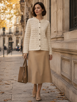 Cardigan donna beige in maglia traforata con bottoni e tasche applicate