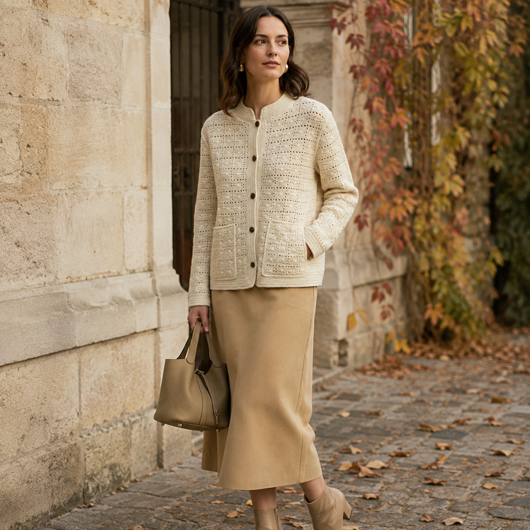 Cardigan beige traforato indossato con gonna midi, mano nella tasca applicata
