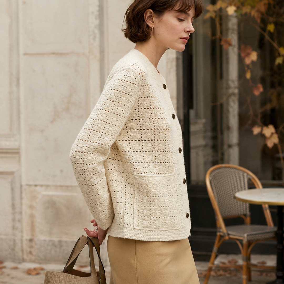 Vista laterale del cardigan donna beige con bottoni e bordo a coste
