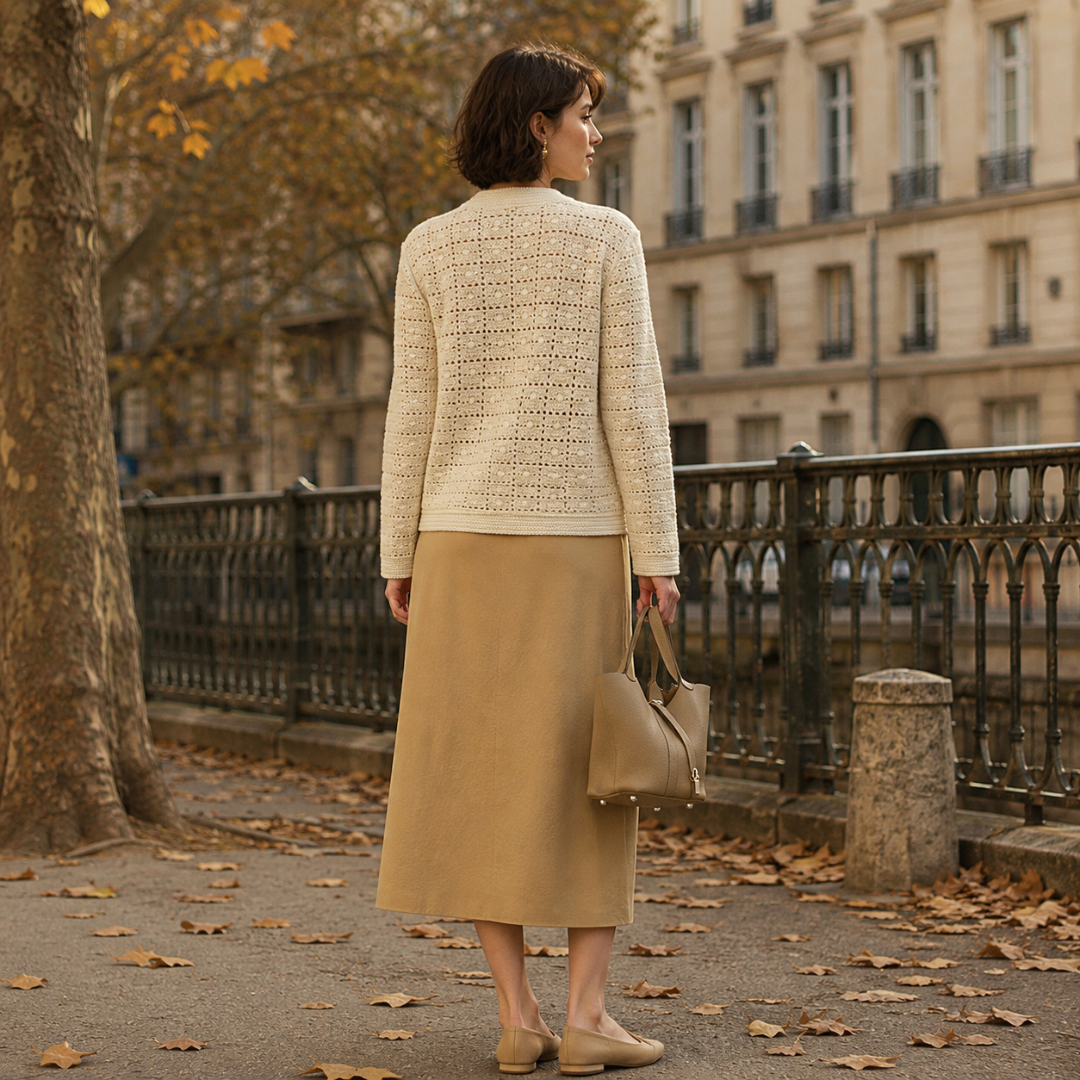 Retro del cardigan donna beige con maglia traforata e maniche lunghe