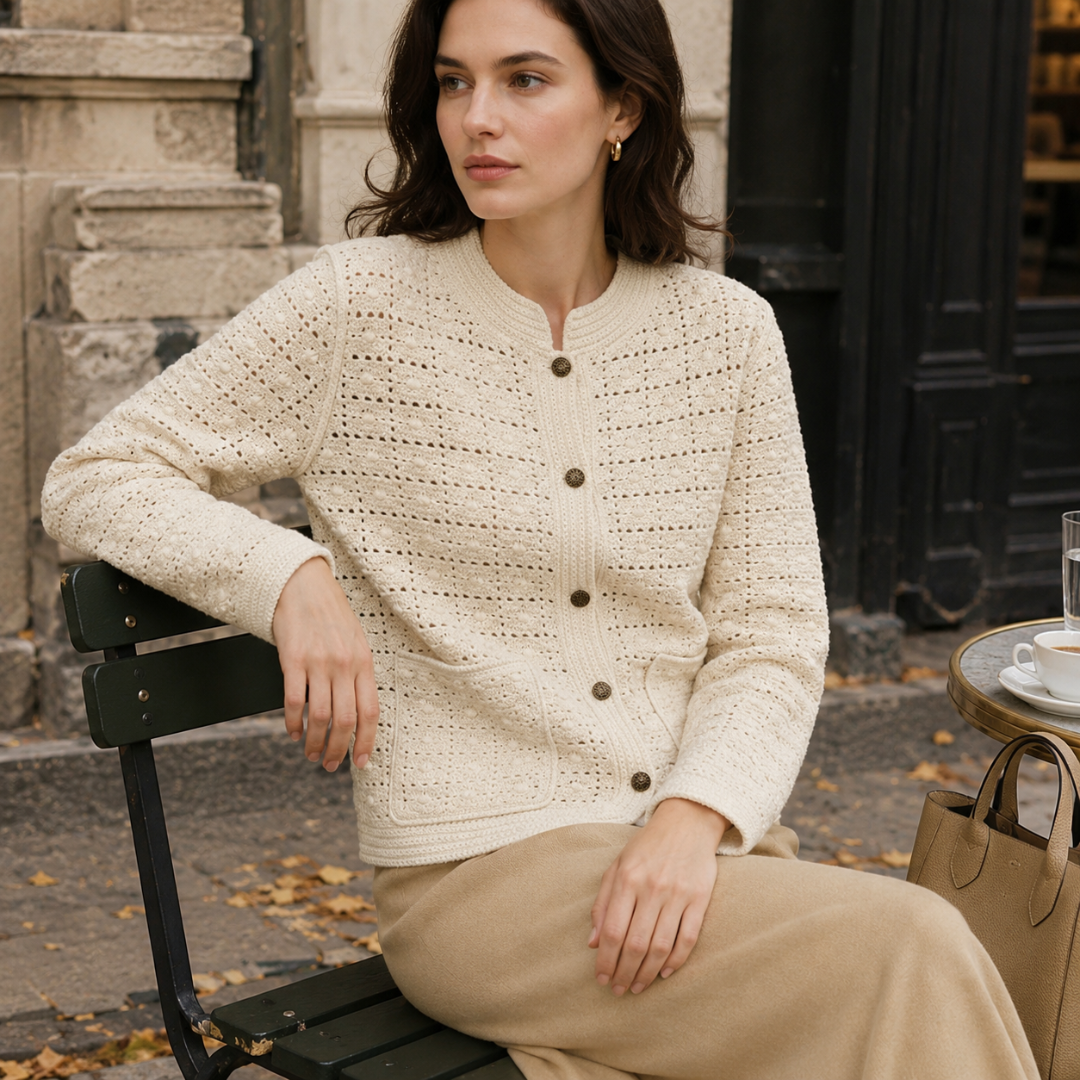 Dettaglio del cardigan beige con bottoni e lavorazione a punti aperti