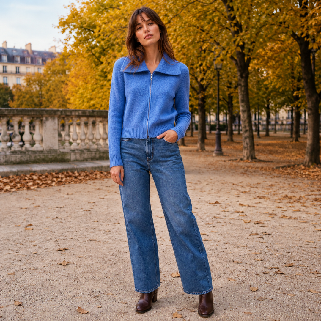 Cardigan donna blu in maglia con zip aperta e ampio collo, vista frontale