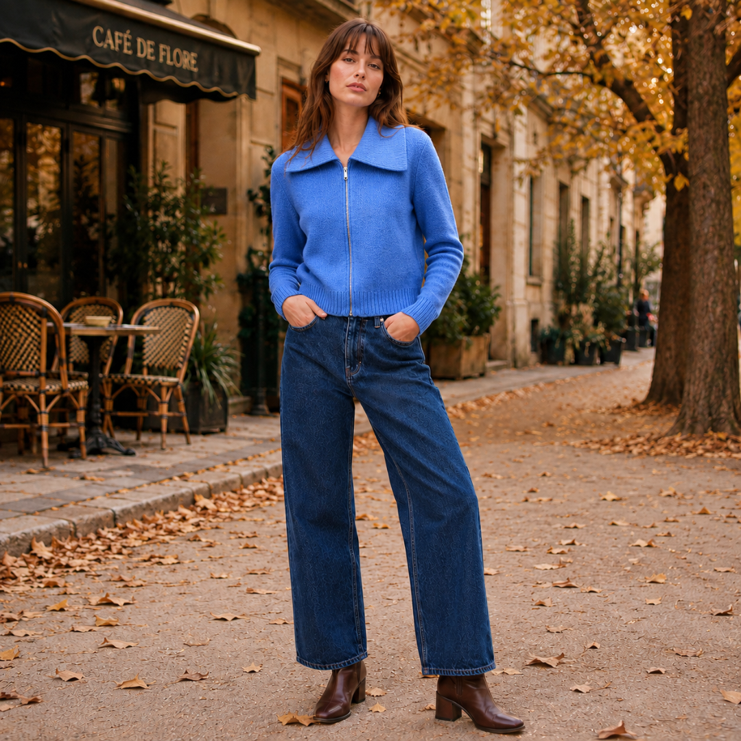 Cardigan donna blu con zip e bordo a coste in vita, look urbano con pantaloni larghi