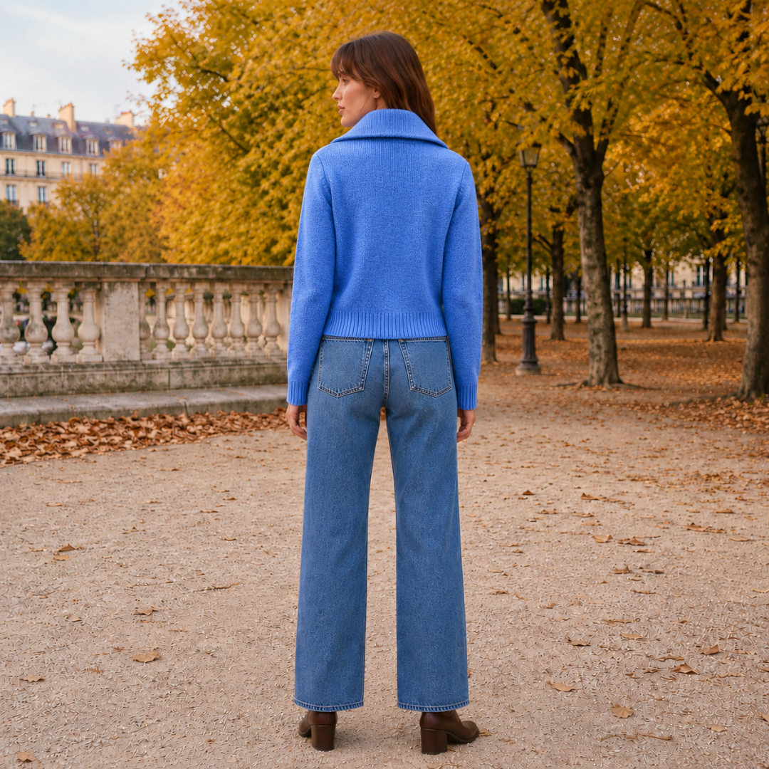 Retro del cardigan donna blu con collo ampio e fondo a coste