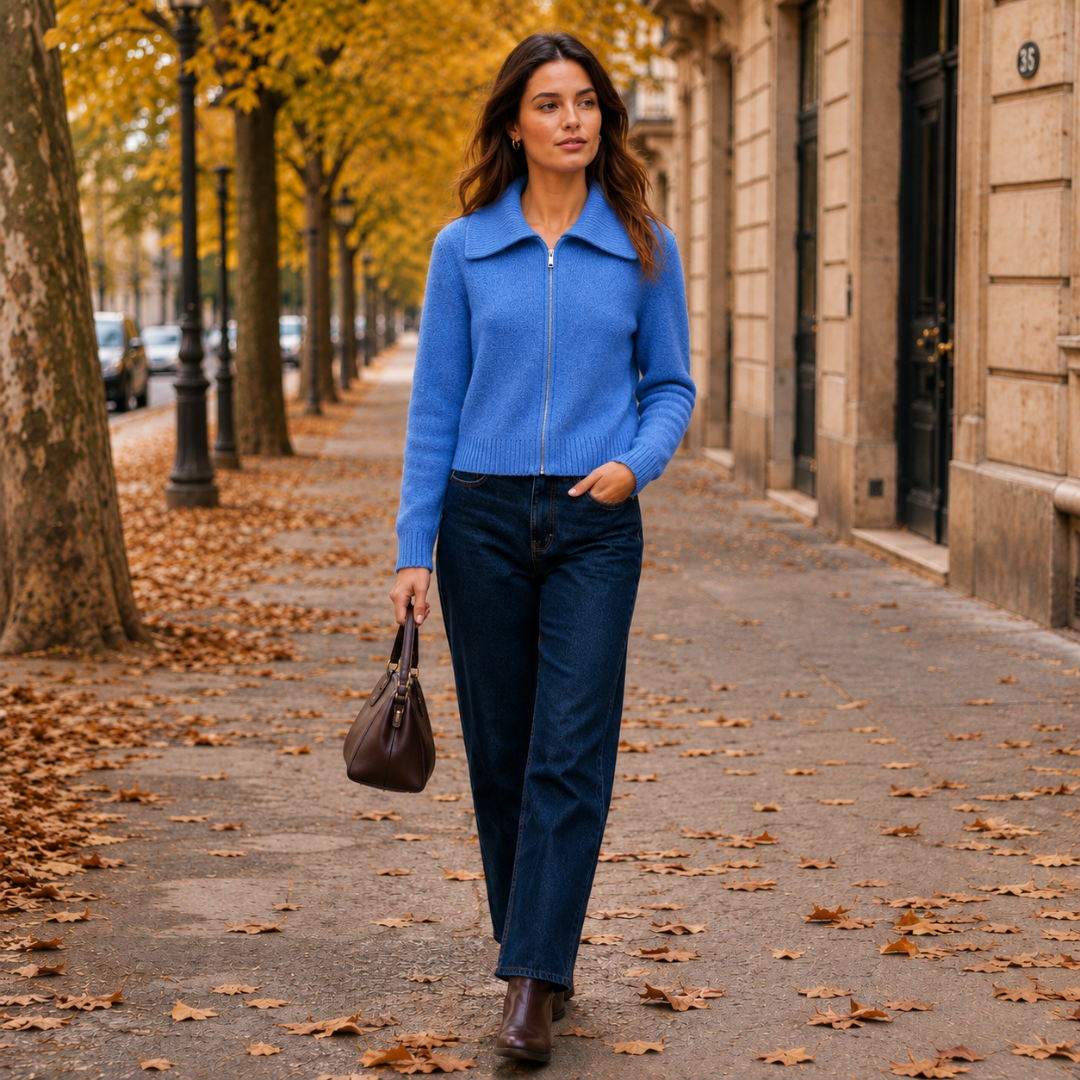 Donna cammina con cardigan blu chiuso con zip e collo aperto sulle spalle