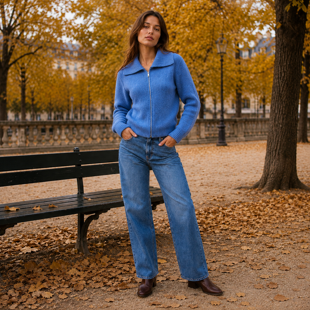 Cardigan blu in maglia con zip centrale e polsini a coste, look con pantaloni larghi