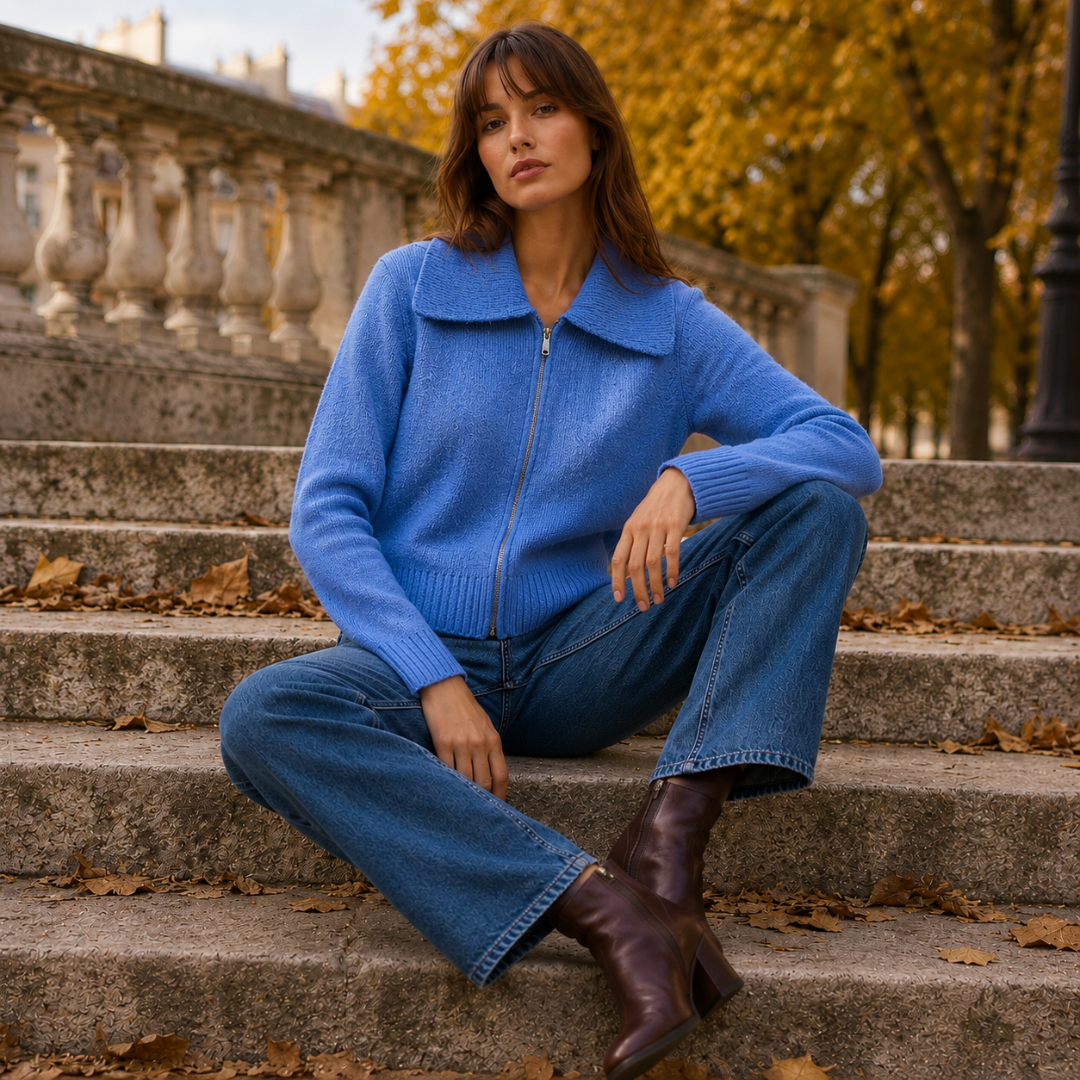 Cardigan blu con motivo in maglia a rilievo e zip metallica, modella seduta sui gradini