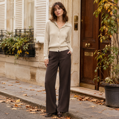 Cardigan beige donna in maglia a coste con collo polo e bordo a coste