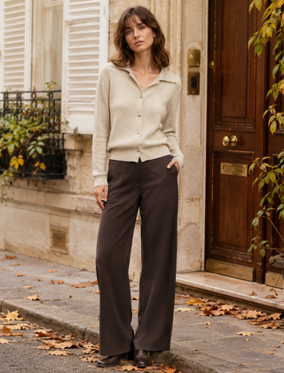 Cardigan beige donna in maglia a coste con collo polo e bordo a coste