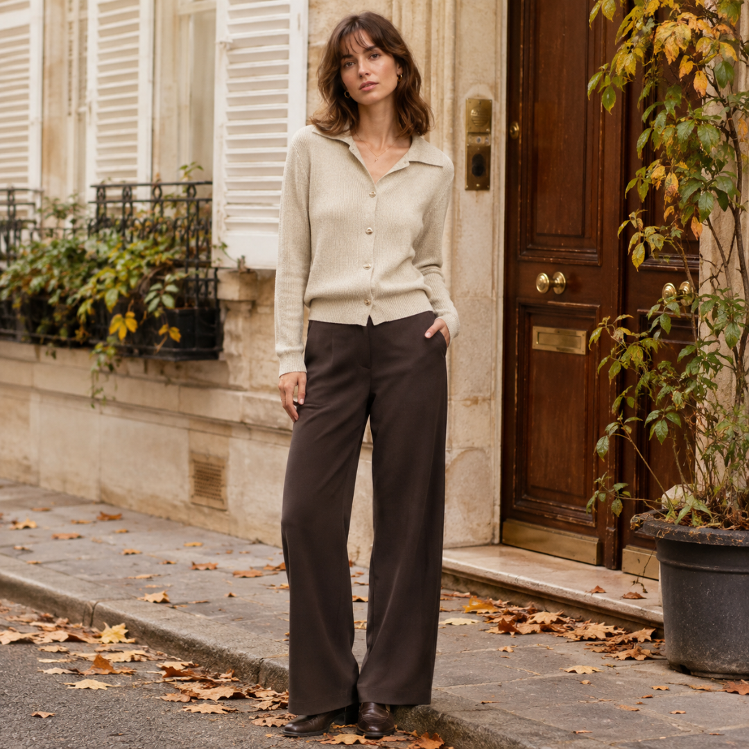Cardigan beige donna in maglia a coste con collo polo e bordo a coste