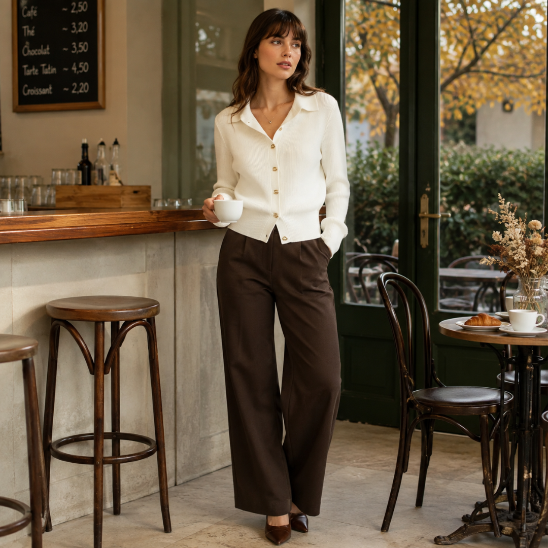 Cardigan bianco donna in maglia a coste con collo polo e bottoni dorati
