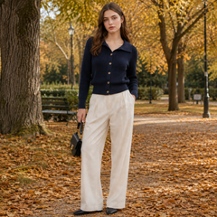 Cardigan blu navy donna in maglia a coste con bottoni dorati e collo polo